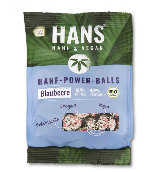 Bio Hanf Powerballs Blaubeere - HANS Brainfood 18% protein 46% Hanfsamen omega 3 vegan bio Proteinquelle